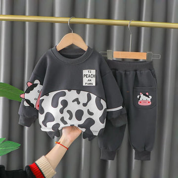 Grey And White Cow Print Sweatshirt With Trouser Tracksuit For Kids (OM-609)