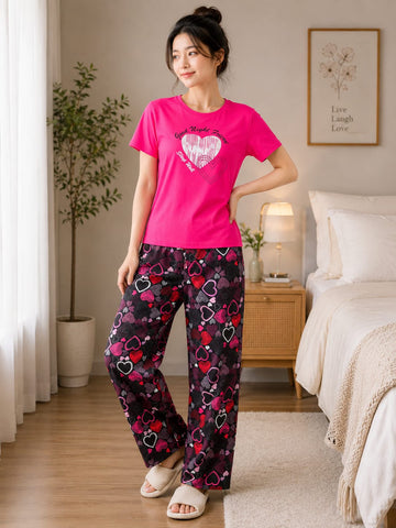 Shocking Good Night Heart Printed Tshirt with Printed Trouser The Ultimate Dream Wear Sleep Suit (OM-202)