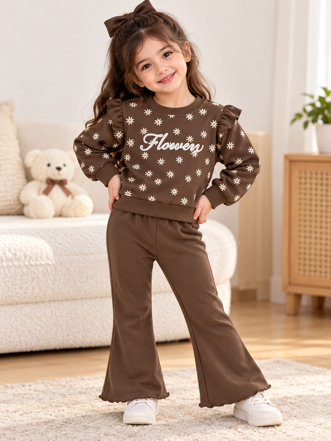 Kids Brown Flower Stars Bell Bottom Trouser Winter Tracksuit (OM-733 ) omii.pk
