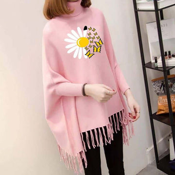 Sunflower Butterfly Women's Bat-Wing Style Printed Fleece Winter Poncho (OM-808)