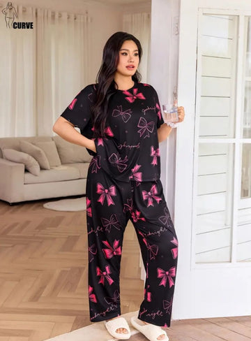 Black with Pink Bow Printed Half Sleeves The Ultimate Dream Wear Sleep Suit (OM-159)