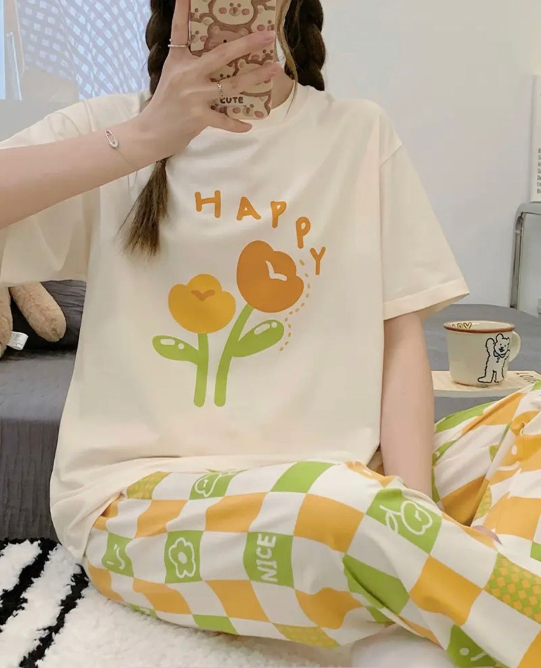 Of White Happy Flower Printed Half Sleeves Tshirt with Printed Trouser The Ultimate Dream Wear Sleep Suit (OM-160)