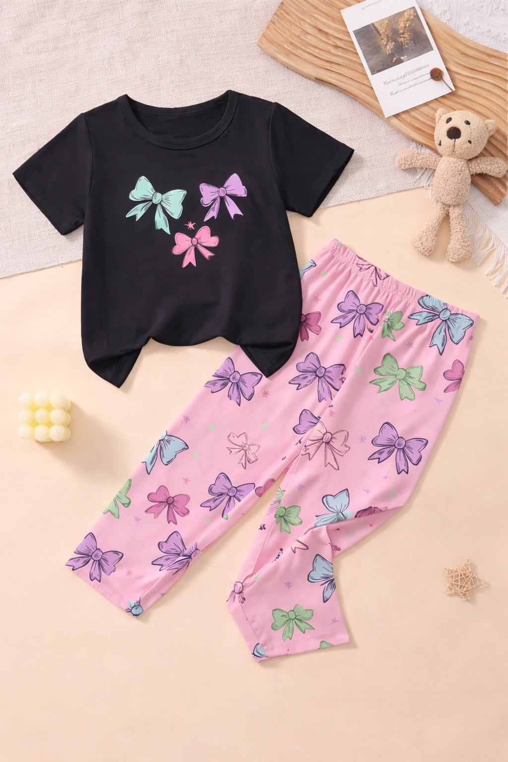 Girls Black Bow Print Tee & Pink Bow Pants Set The Ultimate Kids Suit (OM-421)