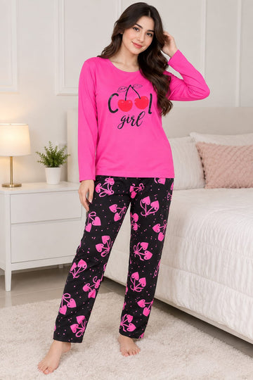 Shocking Cool Girl Cherry Printed Full Sleeves The Ultimate Dream Wear Sleep Suit (OM-213) omii.pk