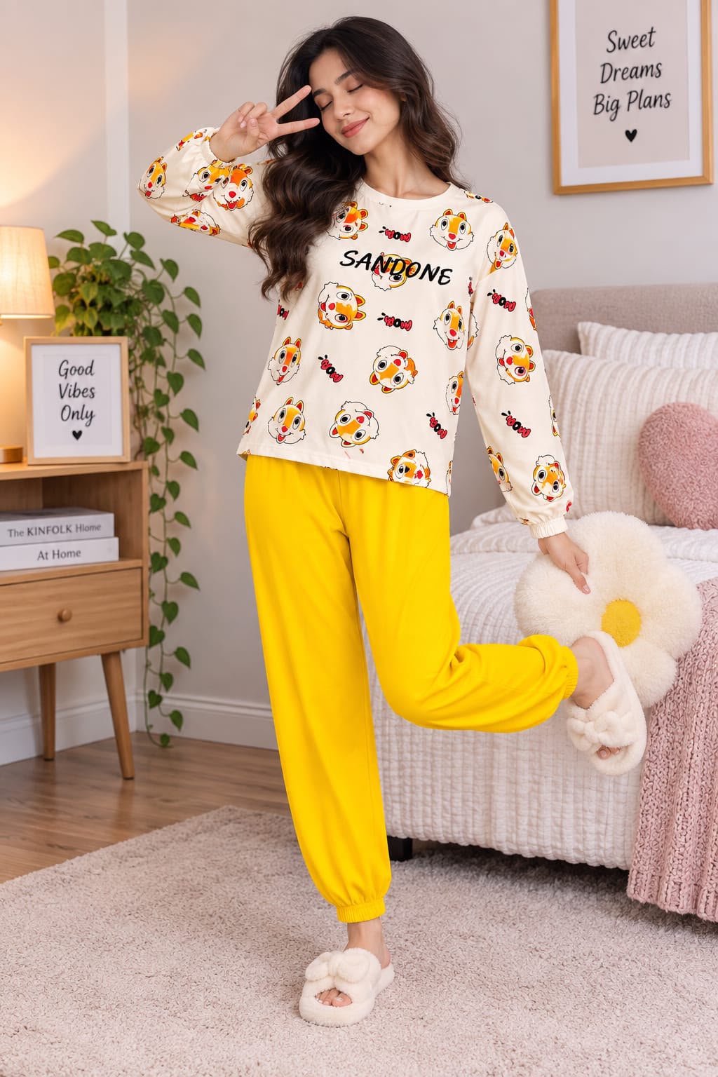Of White Yellow Sandone Printed Full Sleeves The Ultimate Dream Wear Sleep Suit (OM-209) omii.pk