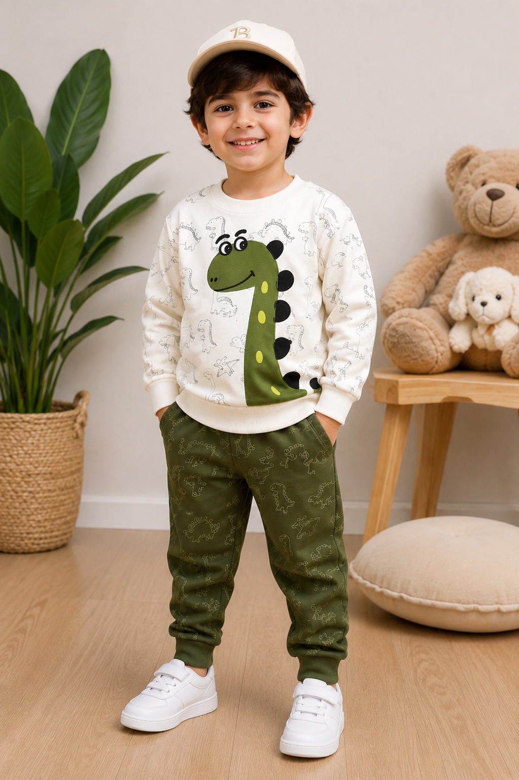 Cute Dino Printed Kids Winter Tracksuit suit omii.pk