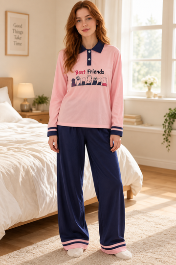 Pink Best Friend Printed Collor Button Tshirt with Blue Pjs For Her - omii.pk