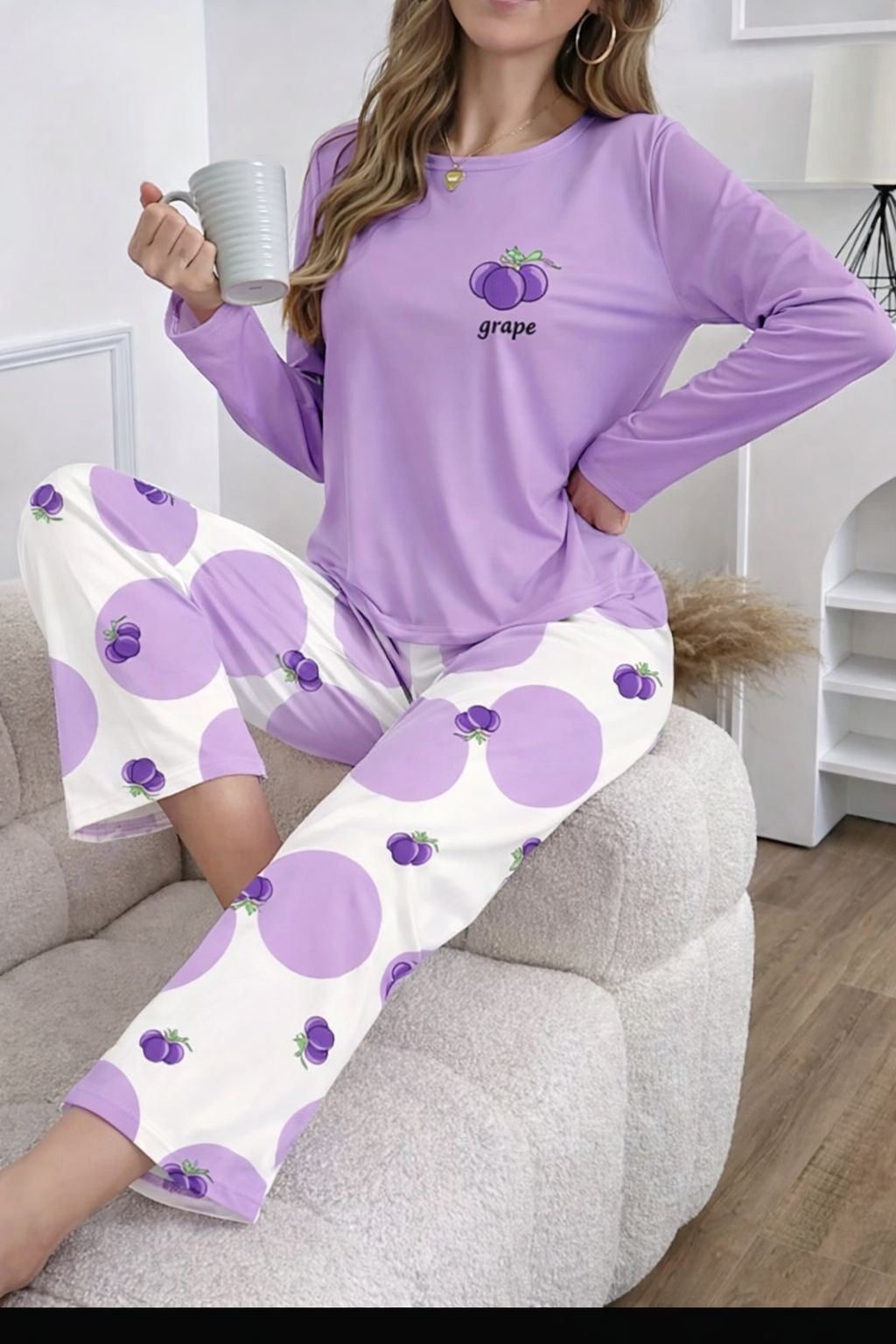 Lilac Graps Printed Full Sleeves The Ultimate Dream Wear Sleep Suit (OM-158)