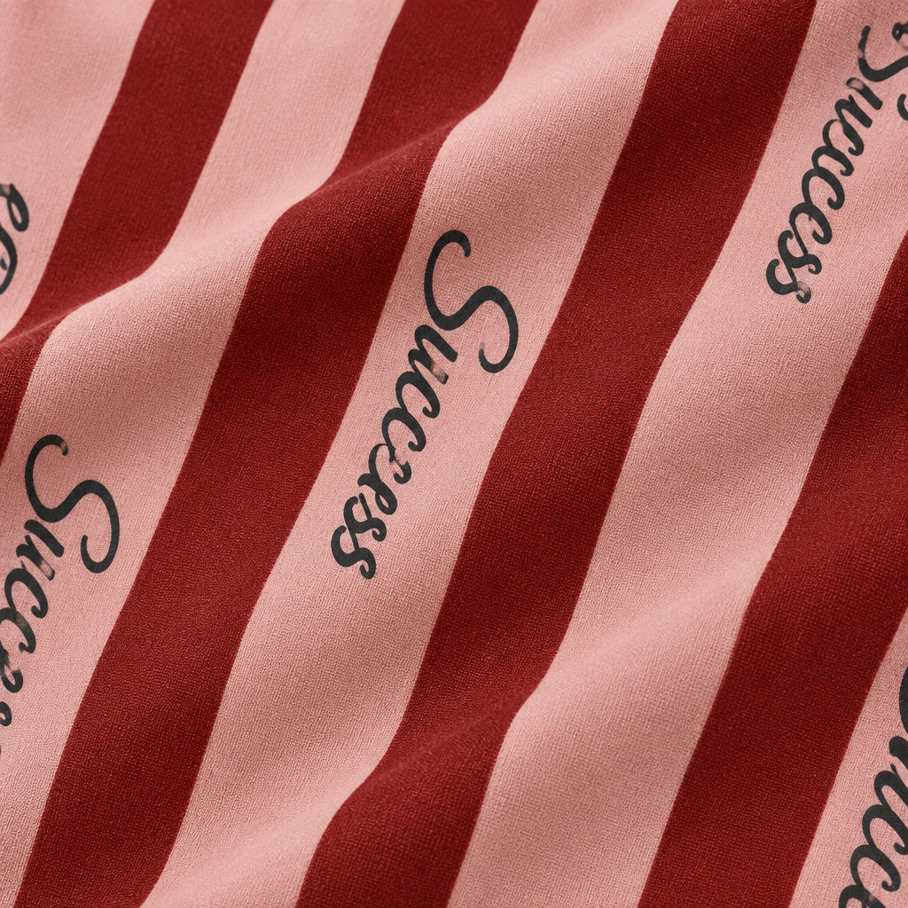 Close-up of pink fabric, maroon stripes and Success print