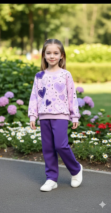 Purple Multi Hearts with purple pajama Little Trendsetter Stylish Winter Kids Tracksuit (OM-631)