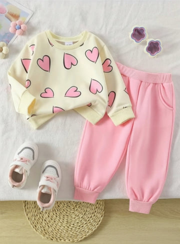 Off White with Pink Hearts Little Trendsetter Stylish Kids Winter Tracksuit (OM-629)