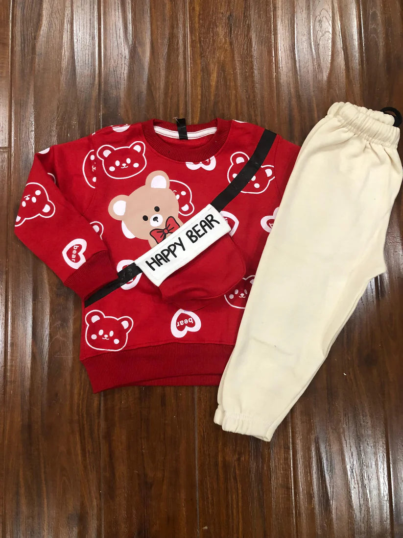 Red Happy Bear Pocket Sweatshirt with Trouser Winter Tracksuit (OM-613)