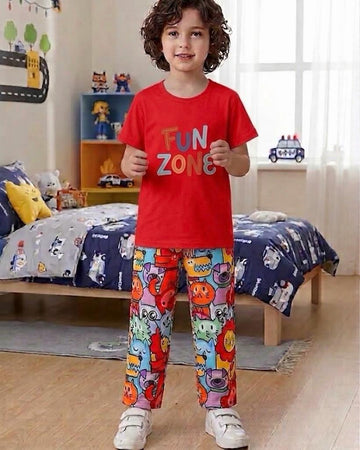 New Red Fun Zone Printed Half Sleeves T-shirt with Funkey Trouser The Ultimate Kids Suit (OM-436)