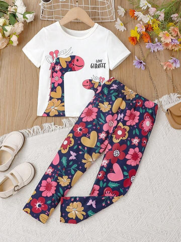 New Offwhite Floral Giraffe Printed Half Sleeves T-shirt with Floral Printed Pajama The Ultimate Kids Suit (OM-434)