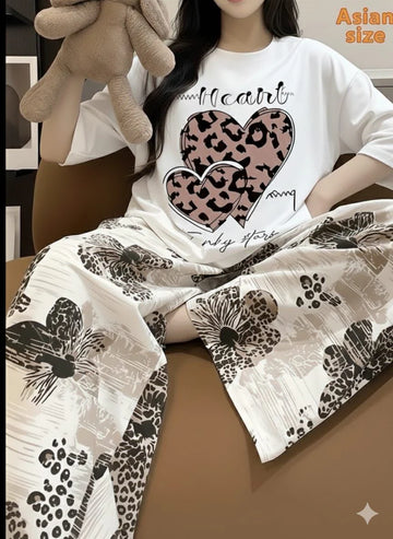 Of White Brown Chitah Heart Half Sleeves Tshirt with Pajama The Ultimate Dream Wear Sleep Suit (OM-186)