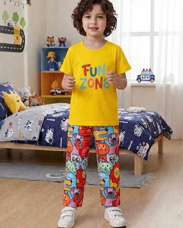 New Yellow Fun Zone Printed Half Sleeves T-shirt with Funkey Trouser The Ultimate Kids Suit (OM-437)