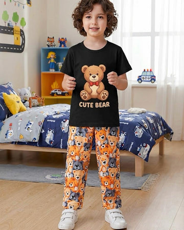 Black Cute Bear Printed Half Sleeves T-shirt with Bear Printed Pajama The Ultimate Kids Suit (OM-438)