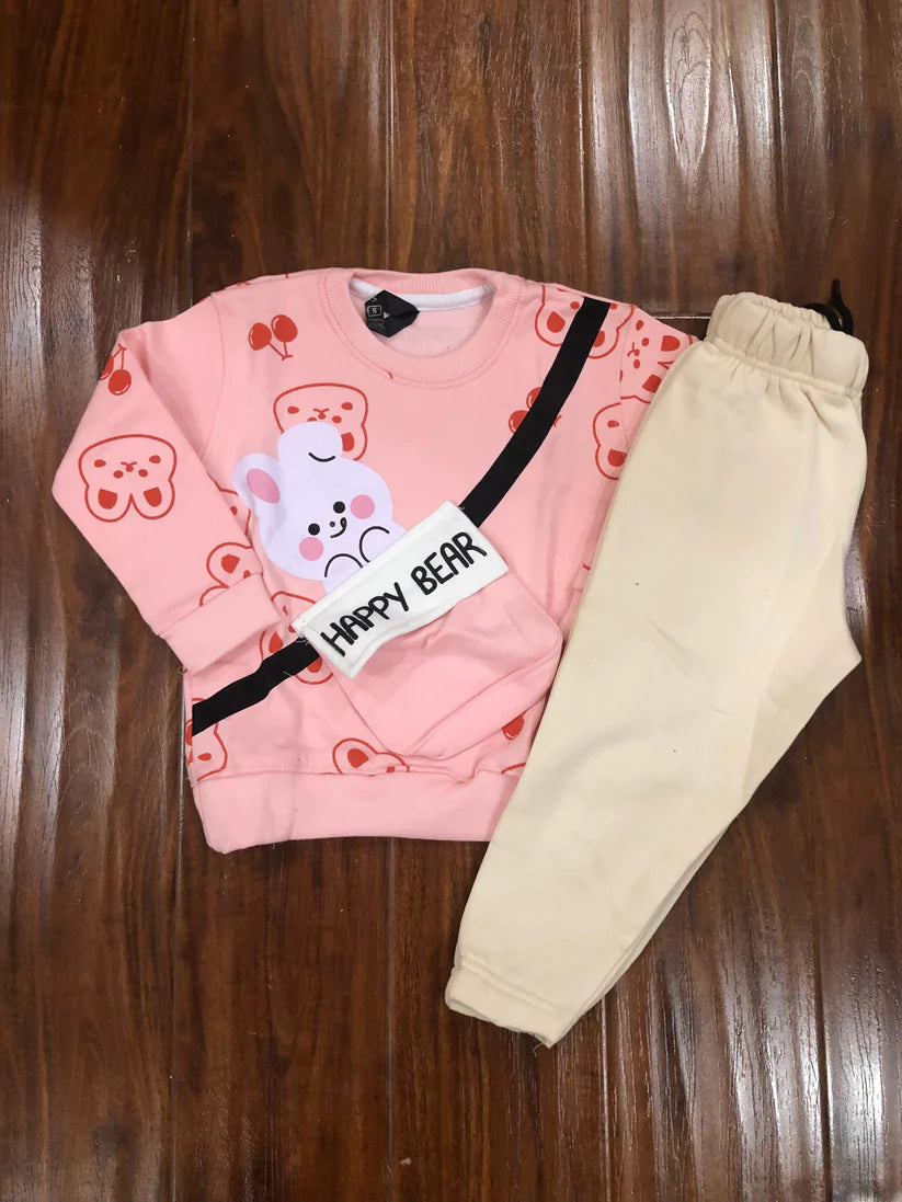 Pink Happy Bear Pocket Sweatshirt with Trouser Winter Tracksuit (OM-614)
