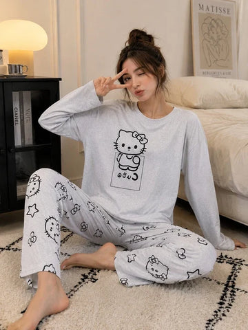 Grey Kitty Charm Printed Night Suit The Ultimate Dream Wear Sleep Suit (OM-194)