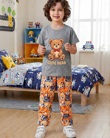 Grey Cute Bear Printed Half Sleeves T-shirt with Bear Printed Pajama The Ultimate Kids Suit (OM-439)
