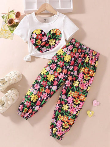 New Offwhite Flower Heart Printed Half Sleeves T-shirt with Flower Printed Pajama The Ultimate Kids Suit (OM-435)