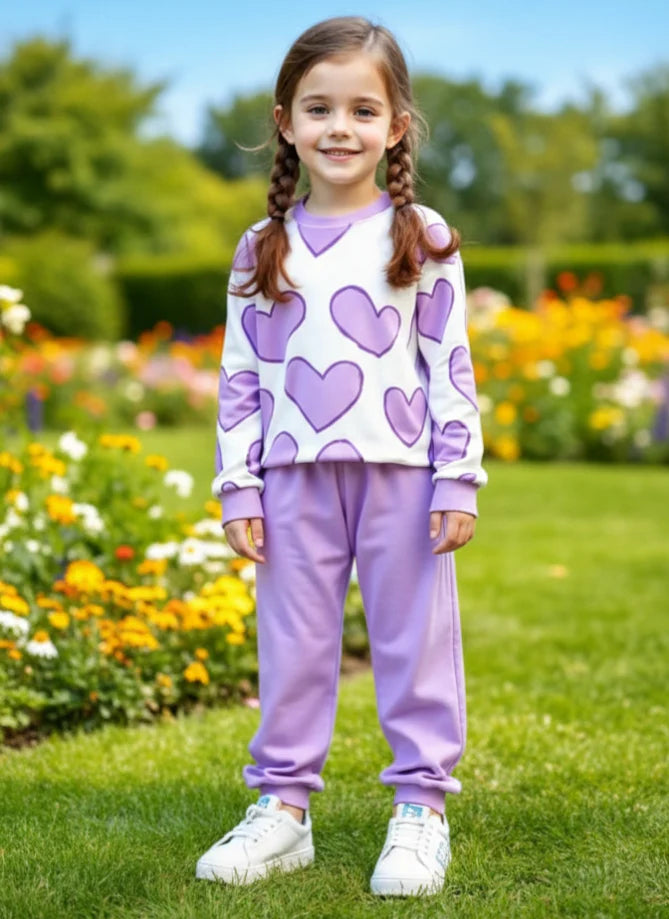 Off White Lilac Hearts Little Trendsetter Stylish Kids Winter Tracksuit (OM-630)