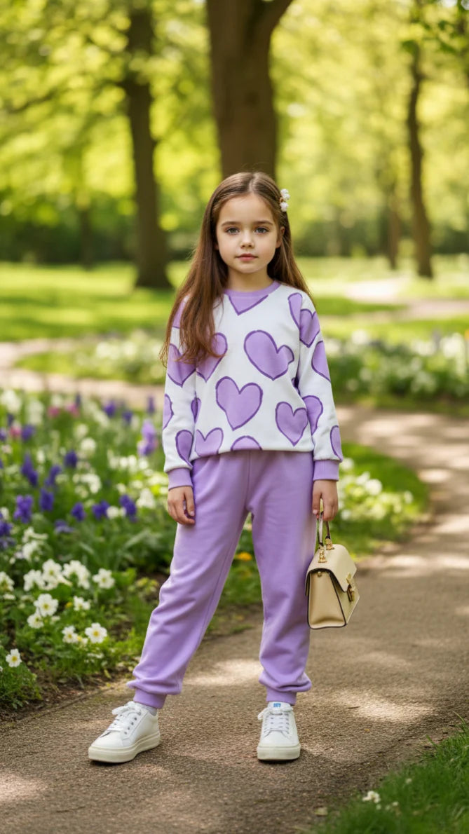 Off White Lilac Hearts Little Trendsetter Stylish Kids Winter Tracksuit (OM-630)