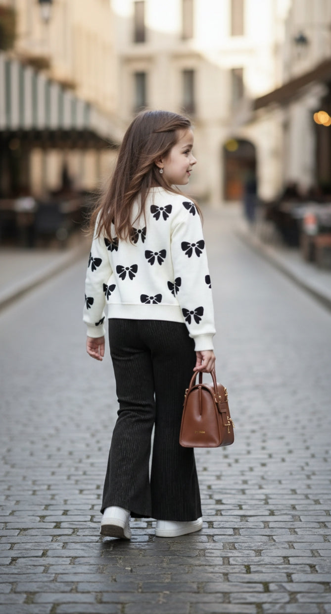 White with Black Bow Little Trendsetter Stylish Winter Kids Tracksuit (OM-627)