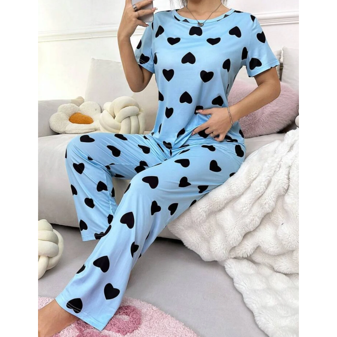 Blue With Black Hearts Print Half Sleeves The Ultimate Dream Wear Sleep Suit (OM-60)